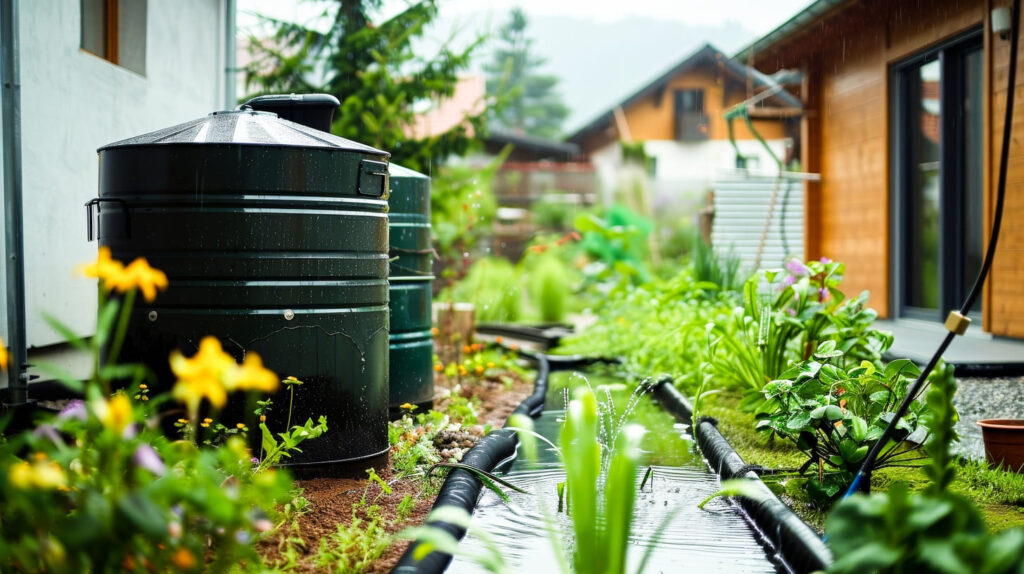 Moderne Regenwassertanks sammeln Wasser im Garten neben einem Haus, umgeben von blühenden Pflanzen und Gemüsebeeten, zur effizienten Nutzung von Regenwasser im Haushalt. 