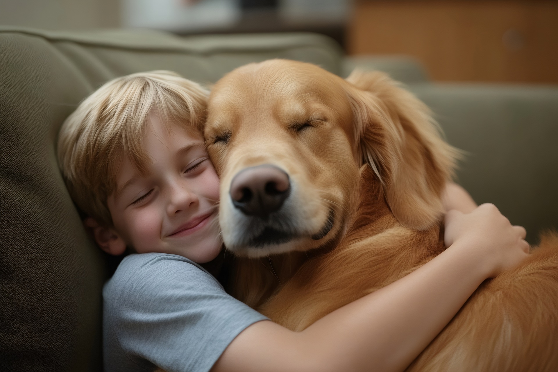Kind kuschelt mit Hund auf Sofa | Pernaturam

