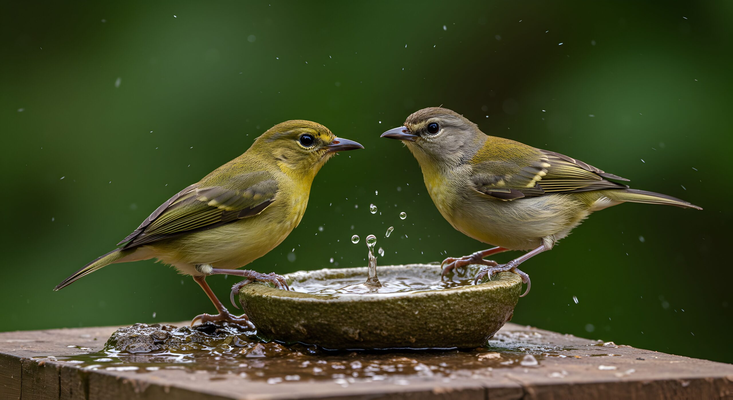 Zwei Singvögel an einer Vogeltränke auf Holzuntergrund mit spritzendem Wasser