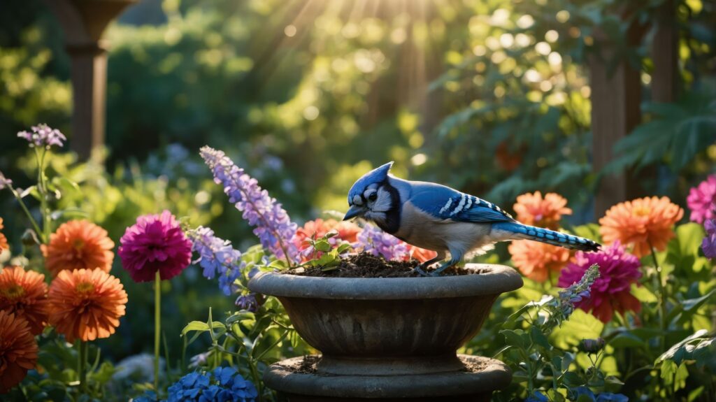 Eichelhäher sitzt auf einer bepflanzten Steinschale im bunten Garten mit Sommerblumen