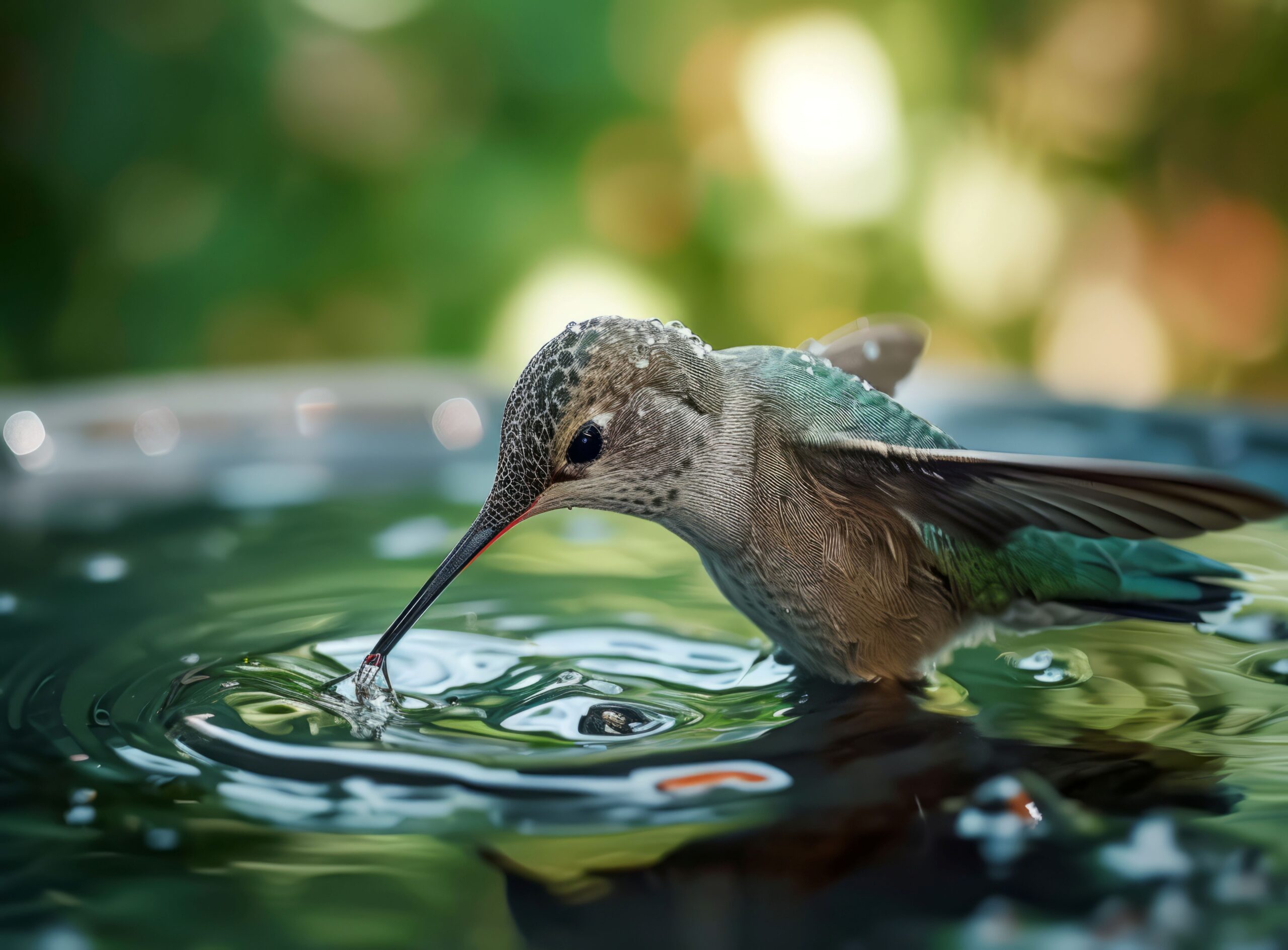 Kolibri trinkt an einer ruhigen Vogeltränke mit grüner Unschärfe im Hintergrund