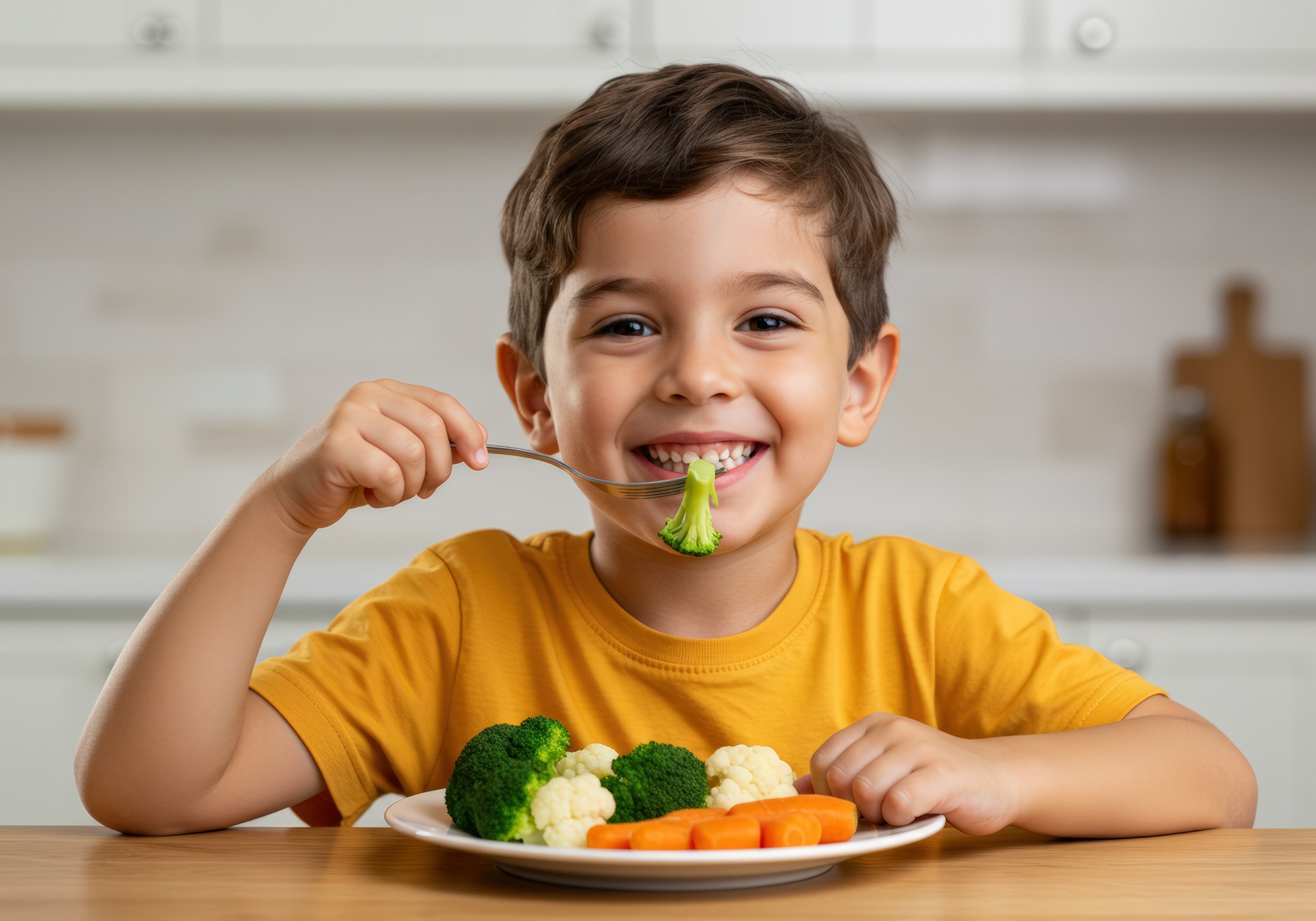 Lachender Junge isst buntes Gemüse am Tisch | Wasserspender für zuhause